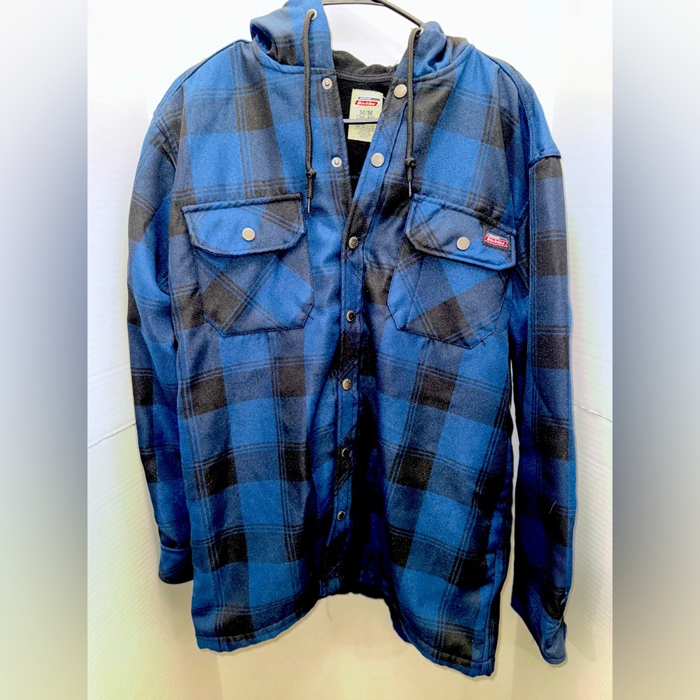 Dickies Button Up Jacket Mens medium Plaid Hooded Fleece Lined Coat
